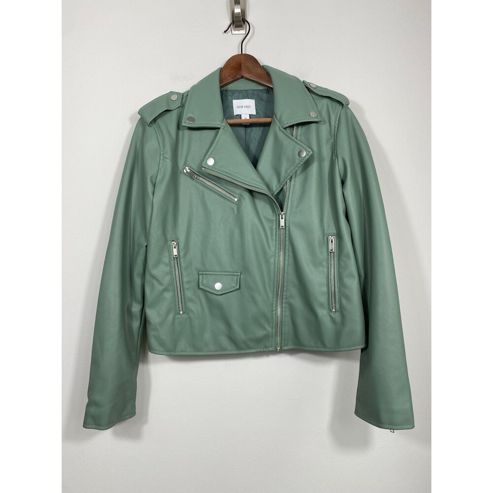 Nine West Green Faux Leather Moto Jacket Size M Zip Up Biker Style